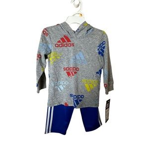 Adidas Hooded Tee Pants Matching Set Gray Blue Spell Out Boys Size 12 Months